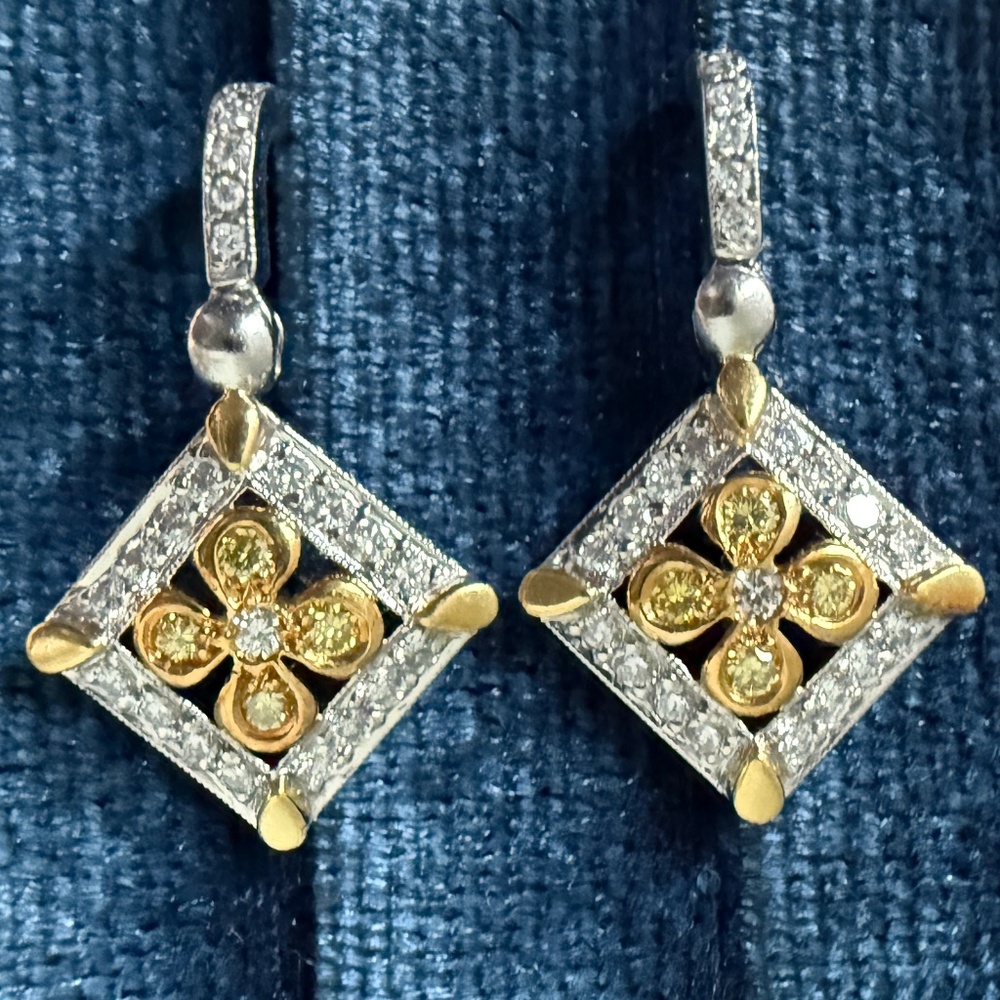 Designer MICHAEL BEAUDRY Platinum 18K Yellow Gold Diamond Flower Drop Earrings - Picture 2 of 15
